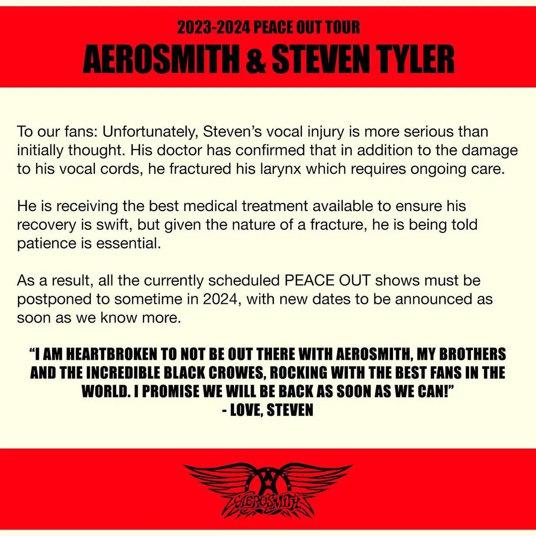 Aerosmith said in a statement on its instagram page.